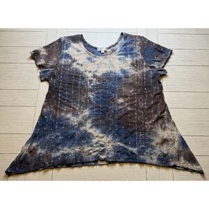 Shannon Ford New York Brown &‎ Blue Tie Dye Sequined Short Sleeve Blouse Sz PXL